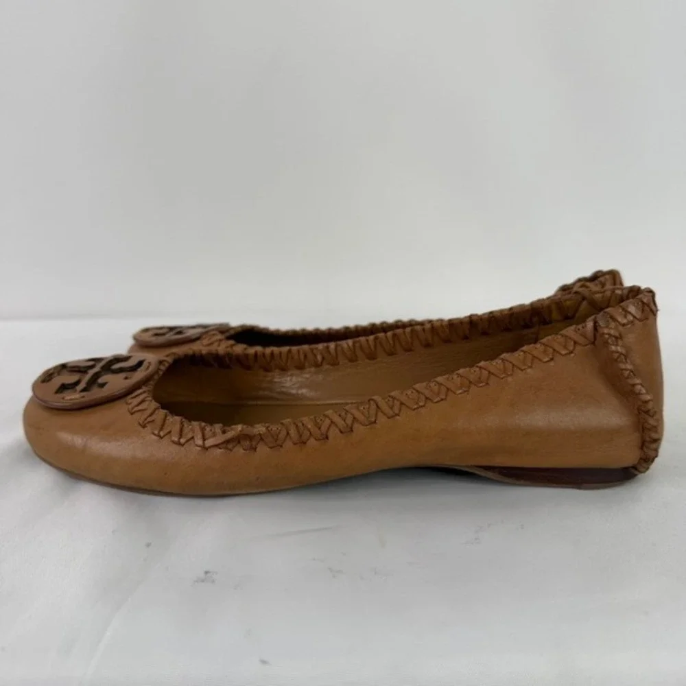 Tory Burch Reva Tan Leather‎ Whipstitch Ballet Flats Logo Shoes Womens 7.5M